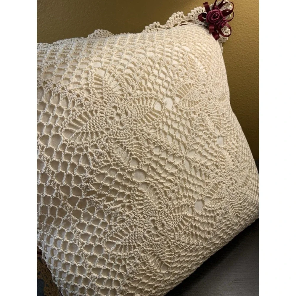 Vintage Crochet Lace Throw Pillow Cream Burgundy Ribbon Rosebuds Square 13x13